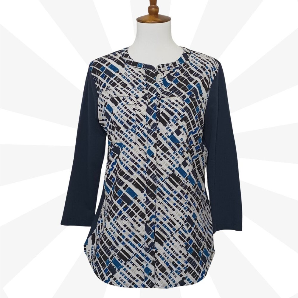 Van Heusen Blue Top Size S Round Neck Tunic 3/4 Sleeve Lightweight Knit